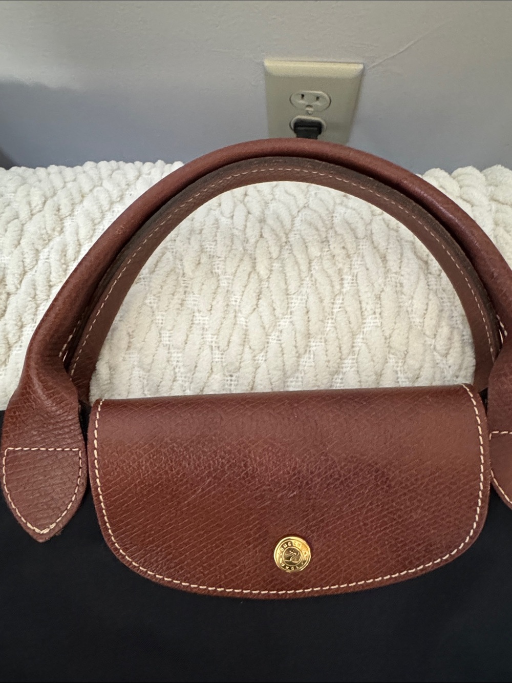 Longchamp Navy Nylon Tote with Brown Leather Trim and Handles - Picture 3 of 6